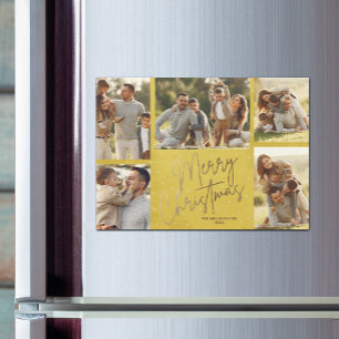 Gold Merry Christmas Photos Yellow Magnetic Card