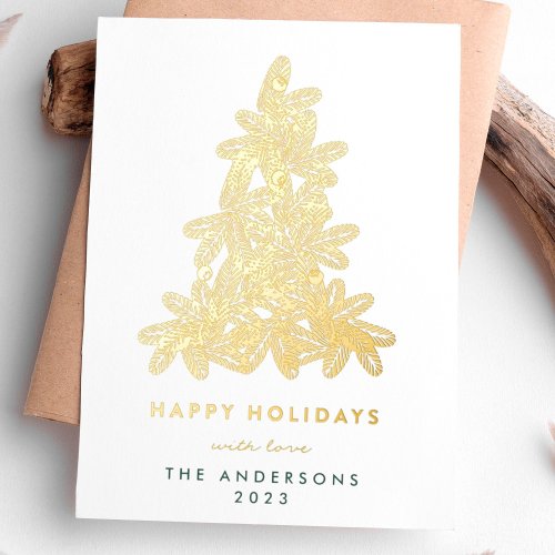 Gold Merry Christmas Pine Christmas Tree Happy Foil Holiday Card