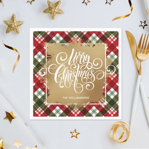 Gold Merry Christmas Plaid Napkins