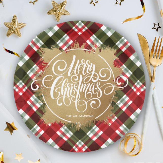 Gold Merry Christmas Plaid Paper Plates (Creator Uploaded)