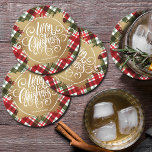 Gold Merry Christmas Plaid Round Paper Coaster<br><div class="desc">Merry Christmas in chic white lettering on a splash of faux gold foil,  these round coasters feature a background of red,  green and white holiday plaid and are personalized with your name. MATCHING plates,  napkins and more in our store.</div>