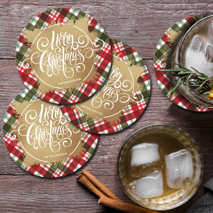 Gold Merry Christmas Plaid Round Paper Coaster