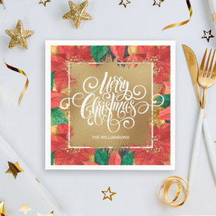 Gold Merry Christmas Poinsettia Napkins