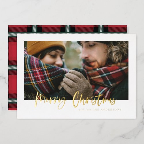 Gold merry christmas red and green plaid photo  foil holiday card