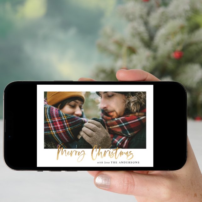 Gold merry christmas red and green plaid photo holiday card (Front Digital)