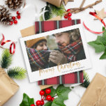 Gold merry christmas red and green plaid photo holiday card<br><div class="desc">Gold effect stylish script merry christmas with coordinating red and green check tartan backer design. Space for a single photo design.</div>