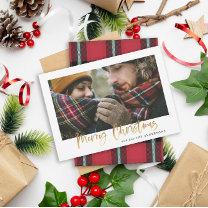 Gold merry christmas red and green plaid photo holiday card