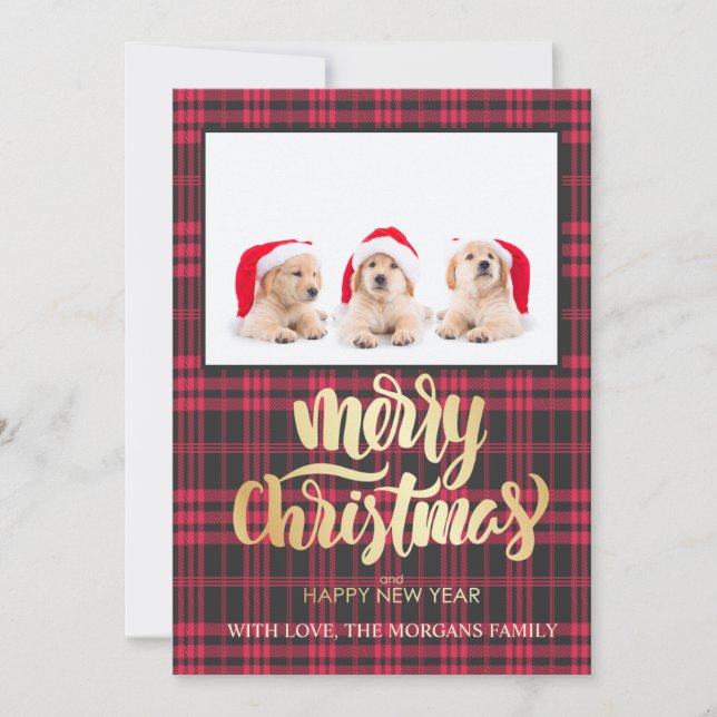 Gold Merry Christmas Red Black Buffalo Plaid Photo (Front)