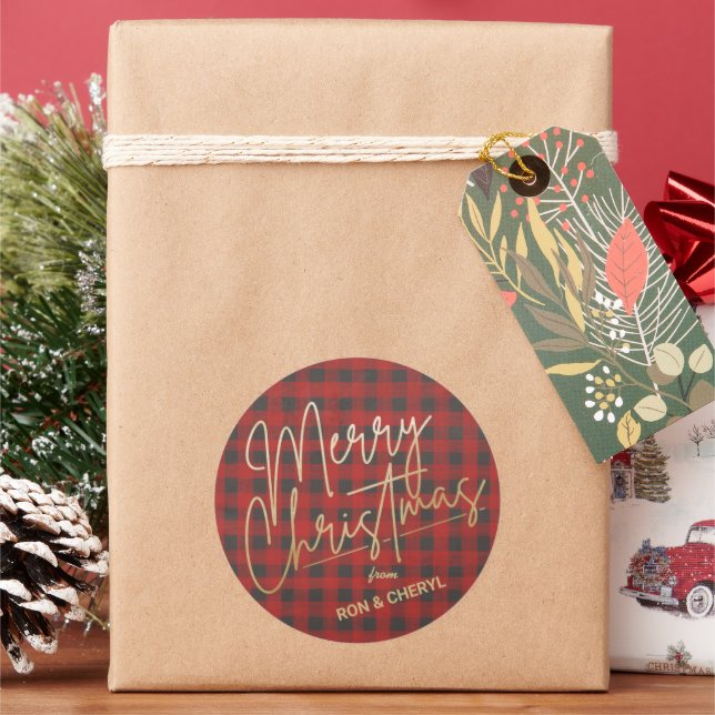 Gold Merry Christmas Red Buffalo Plaid Classic Round Sticker (Holiday)