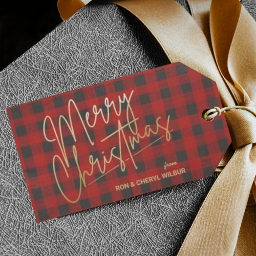 Gold Merry Christmas Red Buffalo Plaid Gift Tags