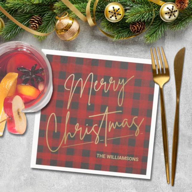 Gold Merry Christmas Red Buffalo Plaid Napkins (Creator Uploaded)