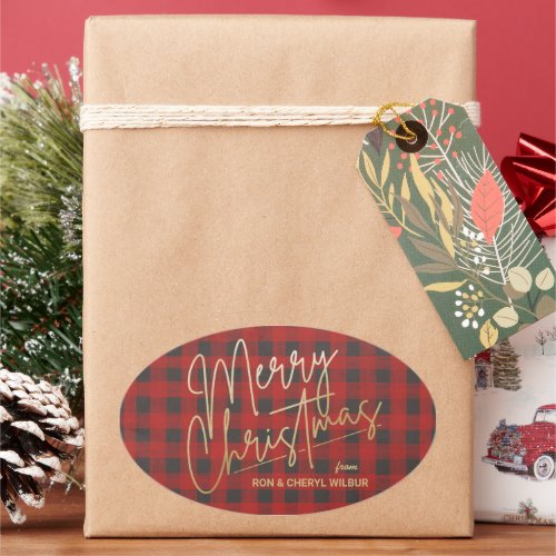 Gold Merry Christmas Red Buffalo Plaid Oval Sticker