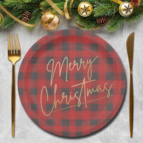 Gold Merry Christmas Red Buffalo Plaid Paper Plates