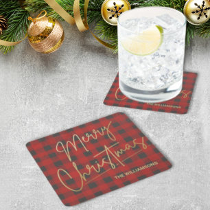 Gold Merry Christmas Red Buffalo Square Paper Coaster