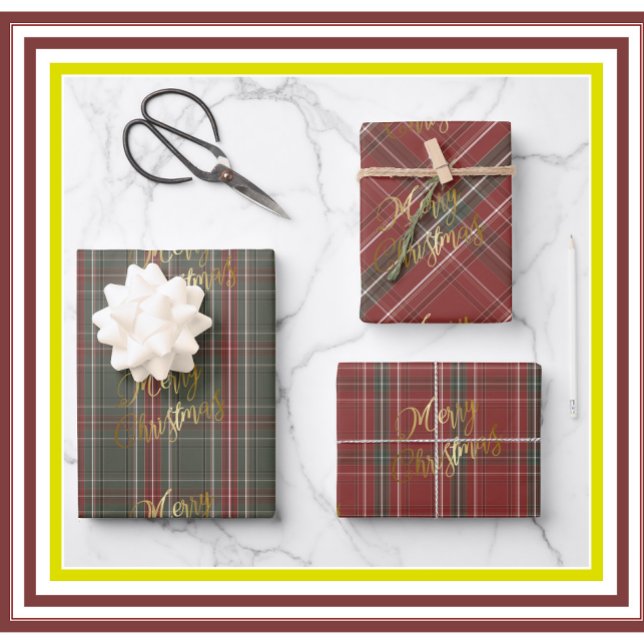Gold Merry Christmas Red Green Plaid Wrapping Paper Sheets (Creator Uploaded)