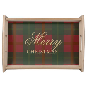 Gold Merry Christmas Red Green Tartan Serving Tray