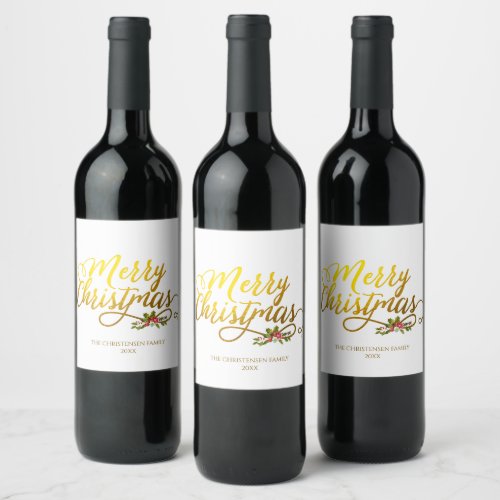 Gold Merry Christmas Red Holly Wine Label