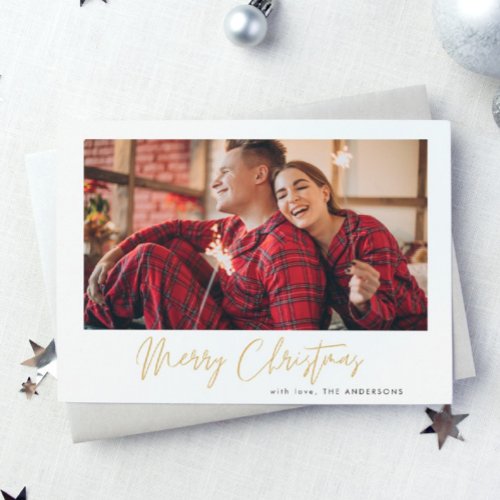 Gold Merry Christmas  Red Plaid Photo Holiday Card