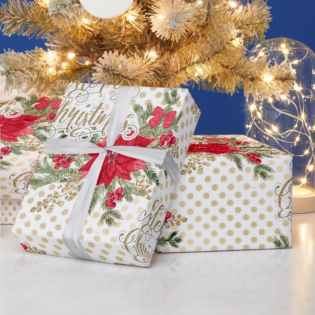 Gold Merry Christmas Red Poinsettia Wrapping Paper (Holidays)
