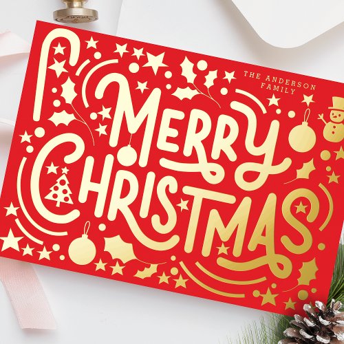 Gold Merry Christmas Scenery Lettering Photo Foil Holiday Card