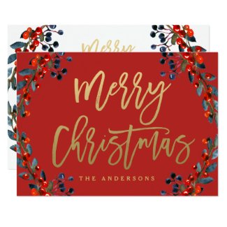 Gold Merry Christmas Script Berries Holiday Card