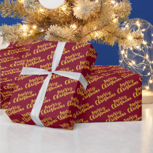 Gold Merry Christmas Script Calligraphy Burgundy Wrapping Paper