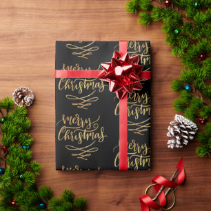 Gold Merry Christmas Script Calligraphy on Black Wrapping Paper