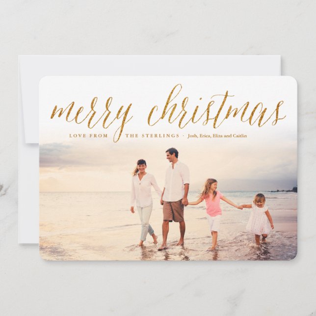 Gold Merry Christmas Script Holiday Photo Card (Front)