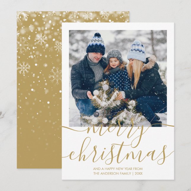 Gold Merry Christmas Script Photo Holiday Card (Front/Back)