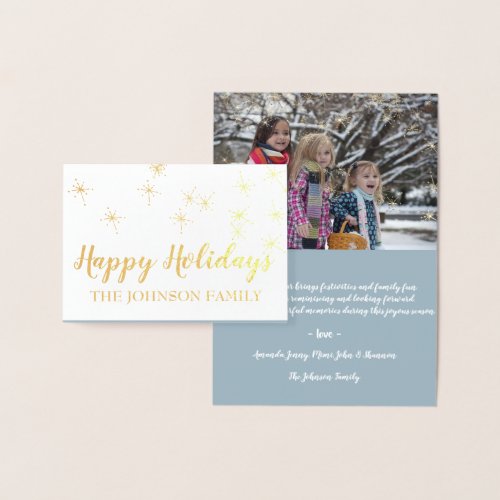 Gold  Merry Christmas Script Photo Snow Blue Foil Card