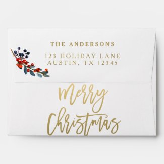 Gold Merry Christmas Script Red Berries Holiday Envelope