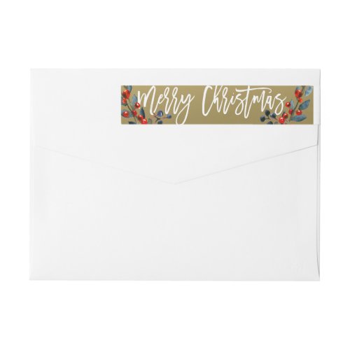 Gold Merry Christmas Script Red Berries Holiday Wrap Around Label