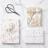 Gold Merry Christmas Script Snowflakes Star Wrapping Paper Sheets