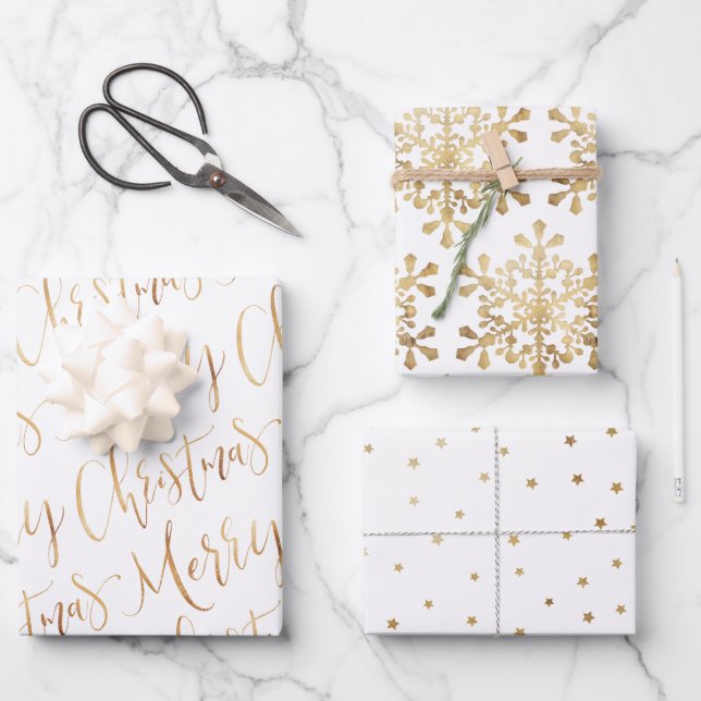 Gold Merry Christmas Script Snowflakes Star Wrapping Paper Sheets (Front)