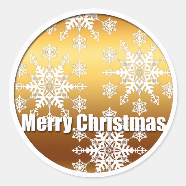 Gold Merry Christmas Snowflakes - Classic Round Sticker (Front)