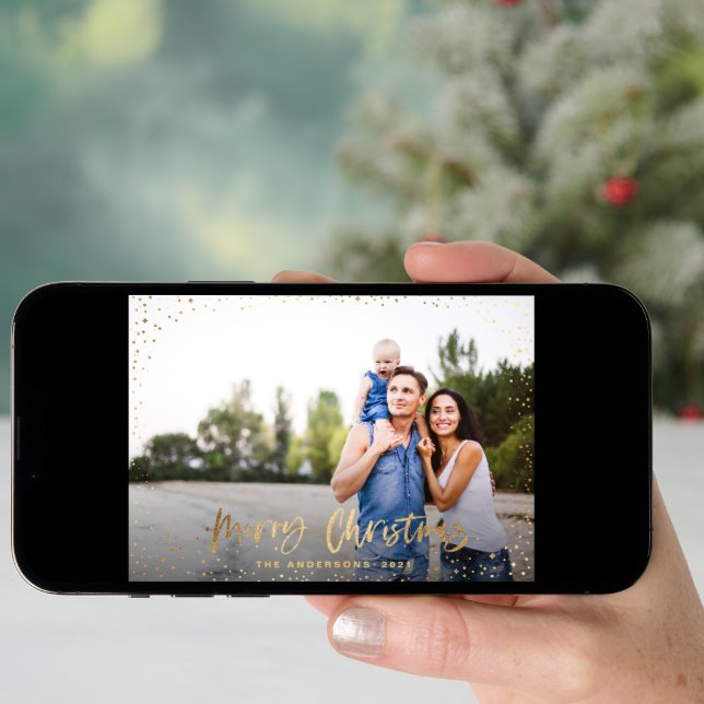 Gold merry Christmas stars photo holiday card (Front Digital)