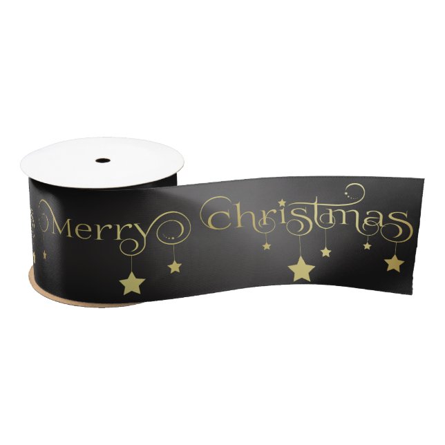 Gold Merry Christmas Stars Satin Ribbon (Spool)