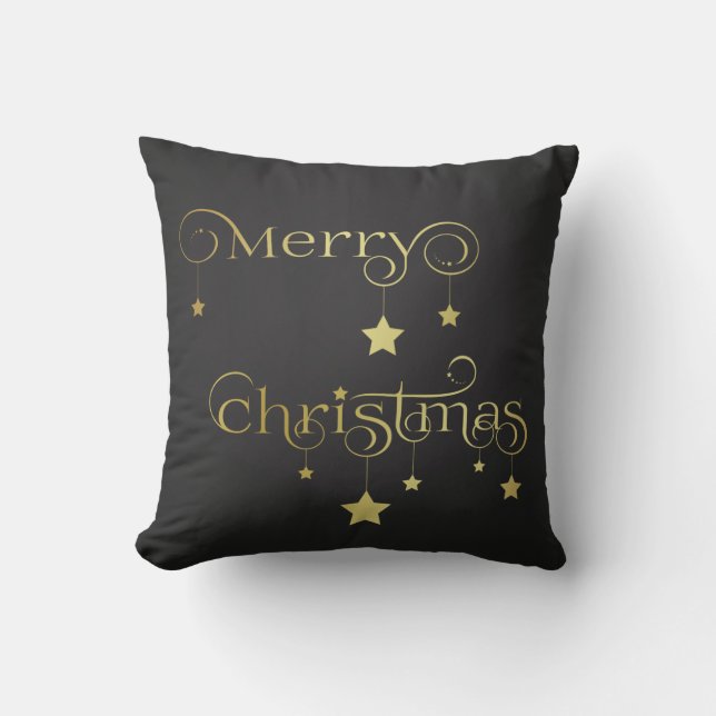 Gold Merry Christmas Stars Throw Pillow (Front)
