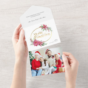 Gold Merry Christmas Text w/Poinsettias and Pine All In One Invitation