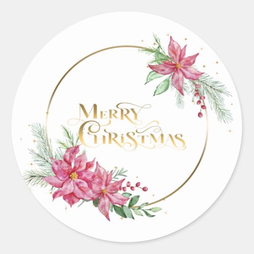 Gold Merry Christmas Text wPoinsettias and Pine Classic Round Sticker