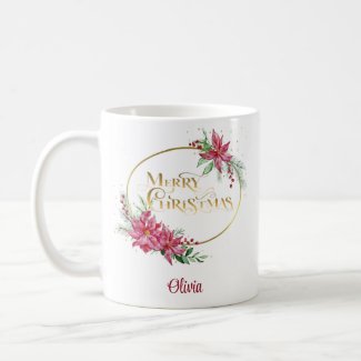 Gold Merry Christmas Text w/Poinsettias and Pine