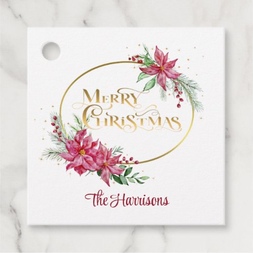 Gold Merry Christmas Text wPoinsettias and Pine Favor Tags
