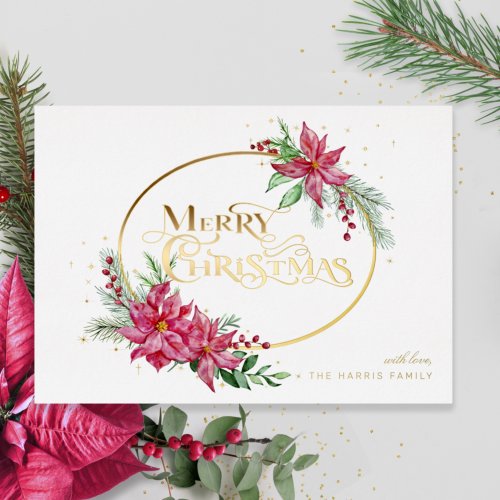 Gold Merry Christmas Text wPoinsettias and Pine Foil Holiday Card