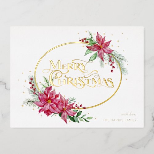 Gold Merry Christmas Text wPoinsettias and Pine Foil Holiday Postcard