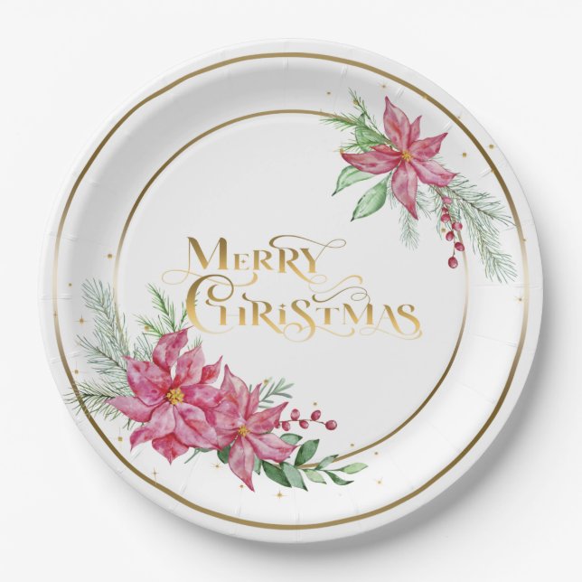 Gold Merry Christmas Text w/Poinsettias and Pine Paper Plates (Front)