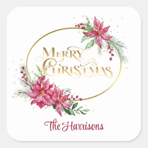 Gold Merry Christmas Text wPoinsettias and Pine Square Sticker