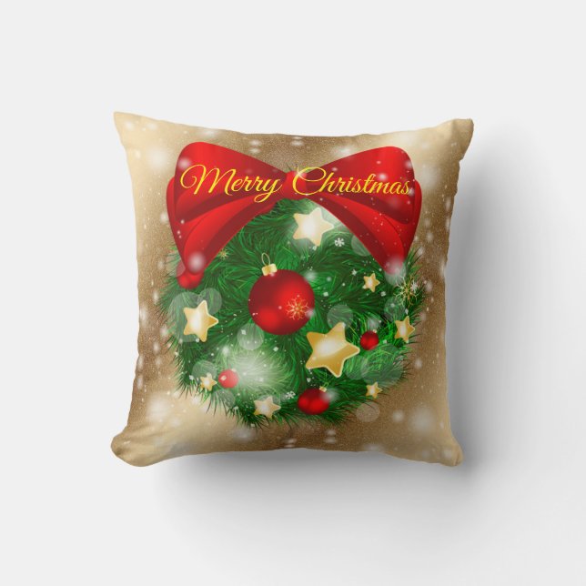 Gold Merry Christmas Throw Pillow (Front)