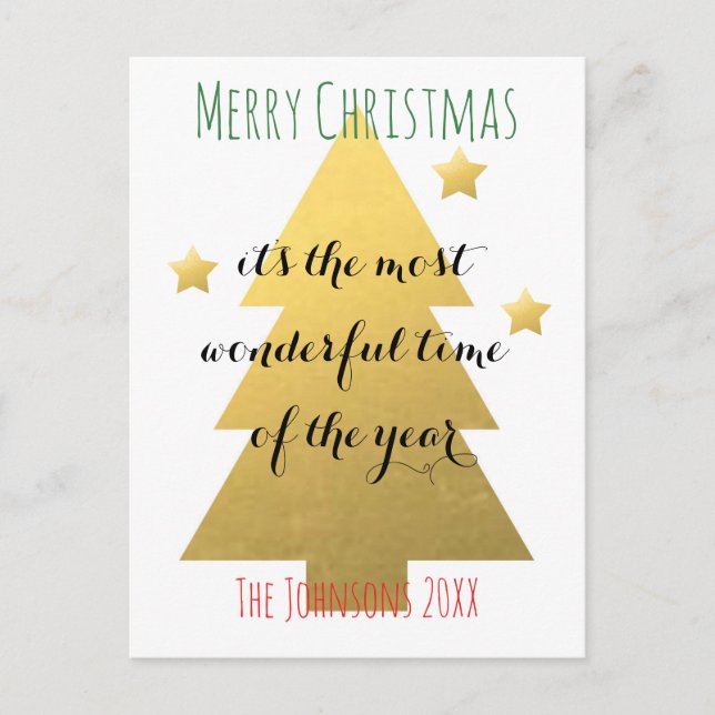 Gold Merry Christmas tree Holiday Postcard (Front)