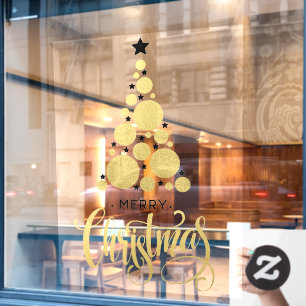 Gold Merry Christmas Tree Stars Holiday Window Cling