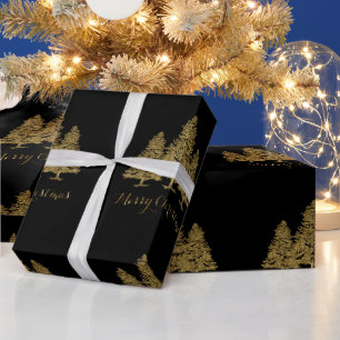 Gold Merry Christmas Trees Wrapping Paper